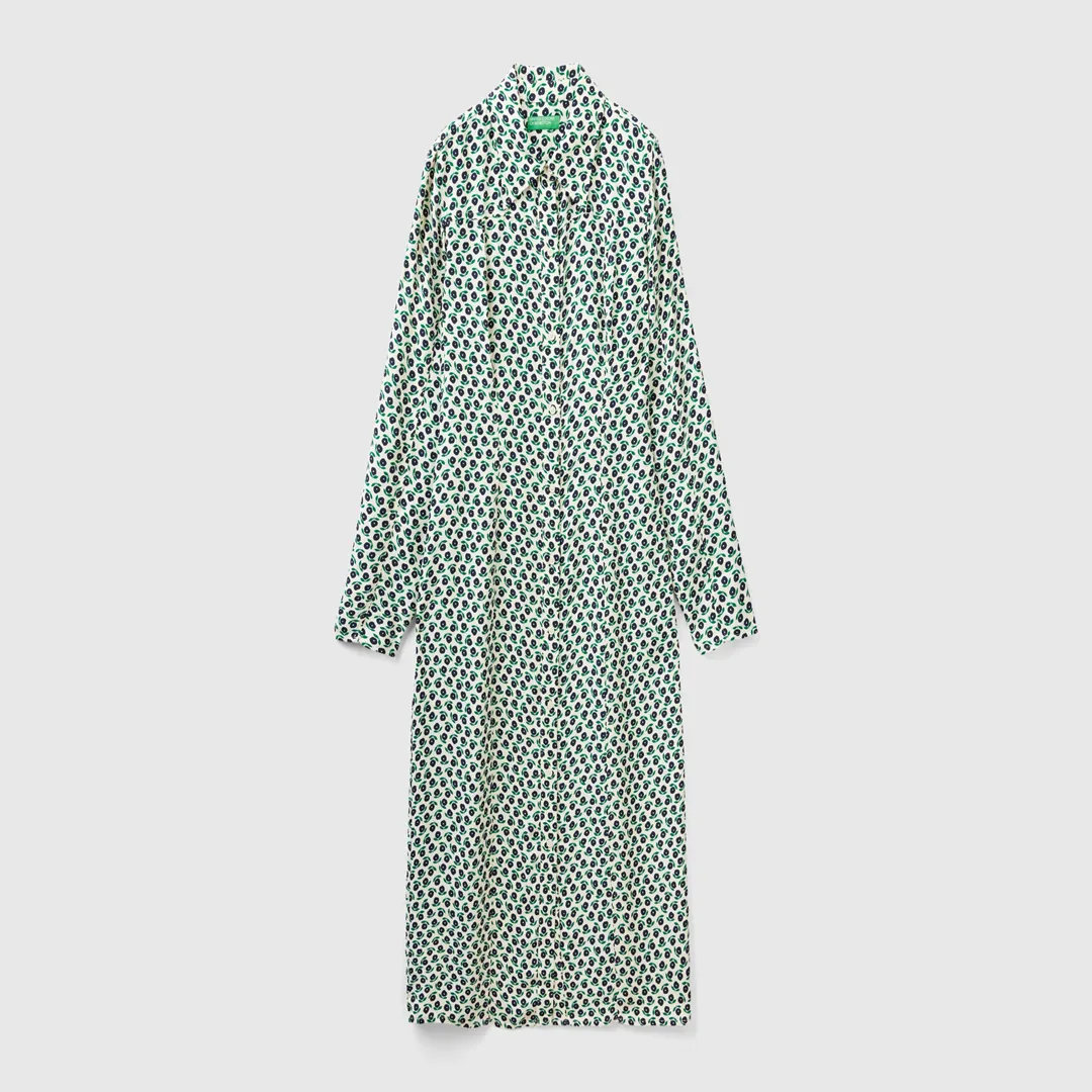 100% Viscose Floral Patterned Shirt Collar Long Sleeve Dress