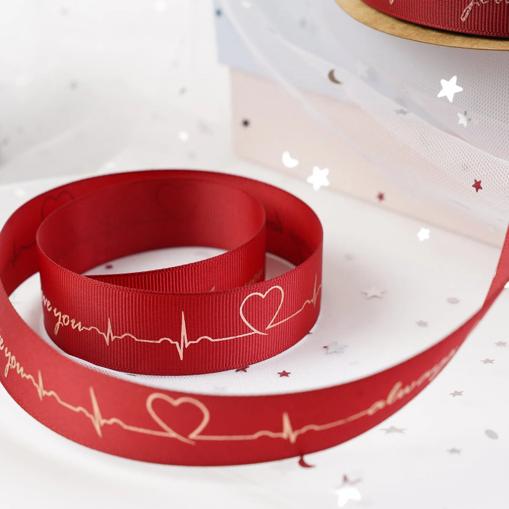 2 Rolls Christmas Packing Materials 14 Colors 2.5cm*45M Thread Ribbon Heartbeat ECG Flowers Gift Ribbon