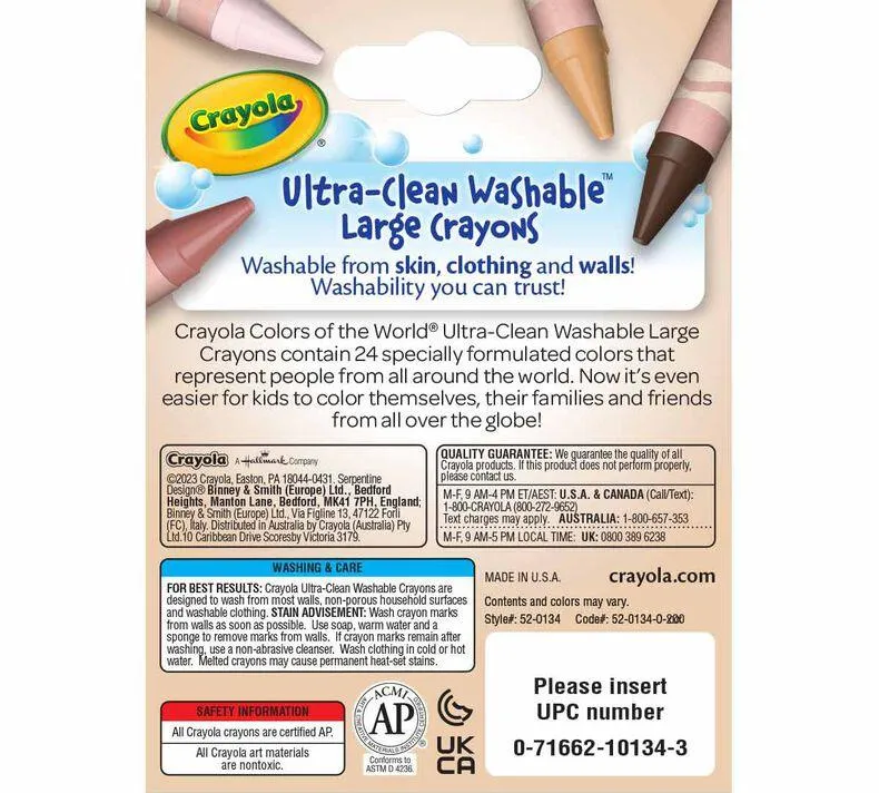 24 Ct Large Ultra-Clean Washable Crayons, Colors of the World