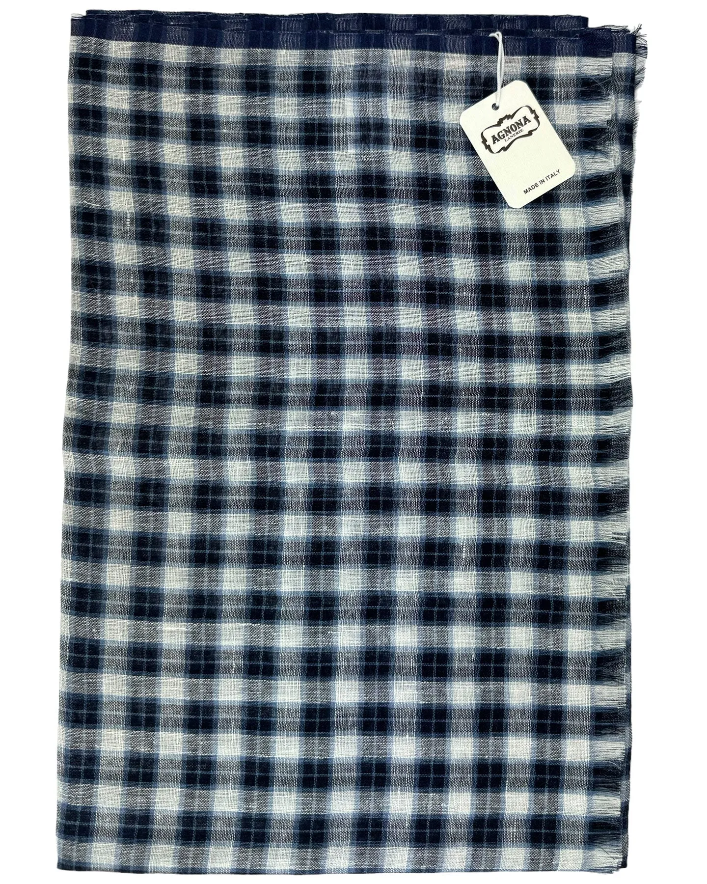 Agnona Scarf Black Blue Plaid Check - Luxury Linen Cashmere Silk Shawl FINAL SALE