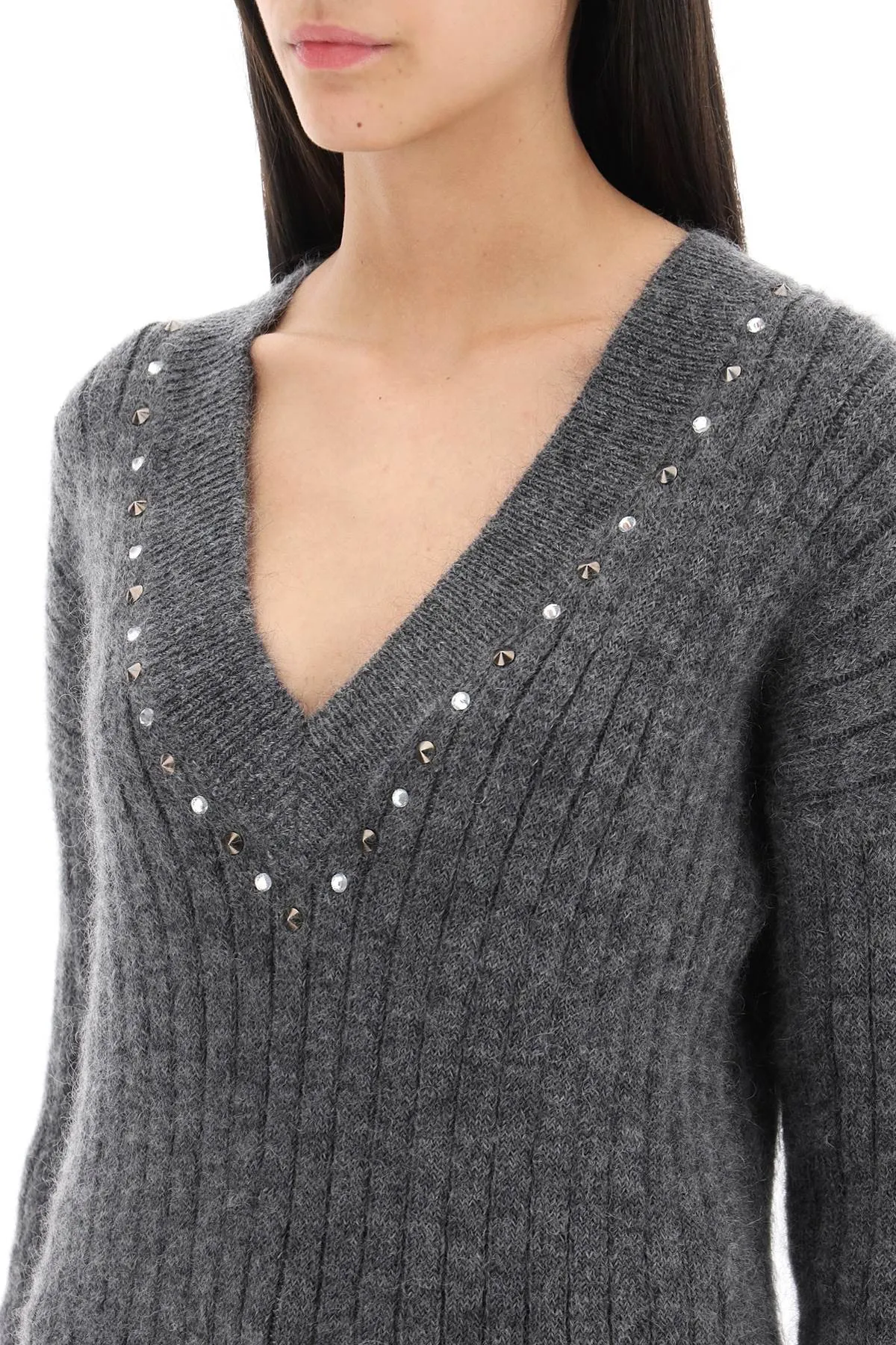 Alessandra Rich Wool Knit Sweater With Studs And Crystals