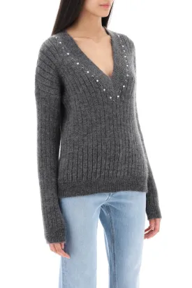 Alessandra Rich Wool Knit Sweater With Studs And Crystals