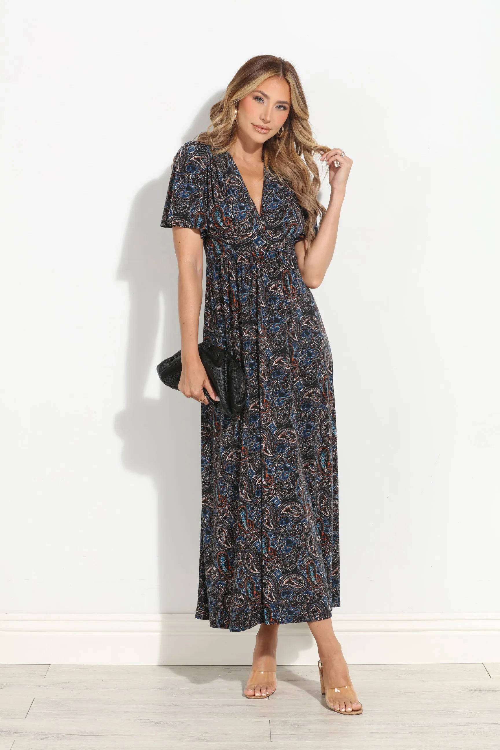 Alona Stretch Deep V Flutter Sleeve Maxi Dress-BEST SELLER