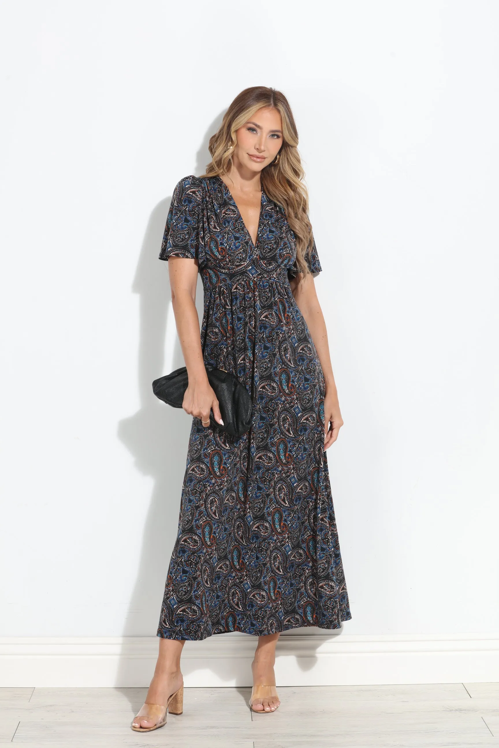 Alona Stretch Deep V Flutter Sleeve Maxi Dress-BEST SELLER