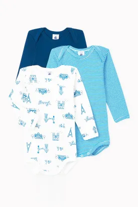 Baby Onesie Petit Bateau 3-Pack - Blue