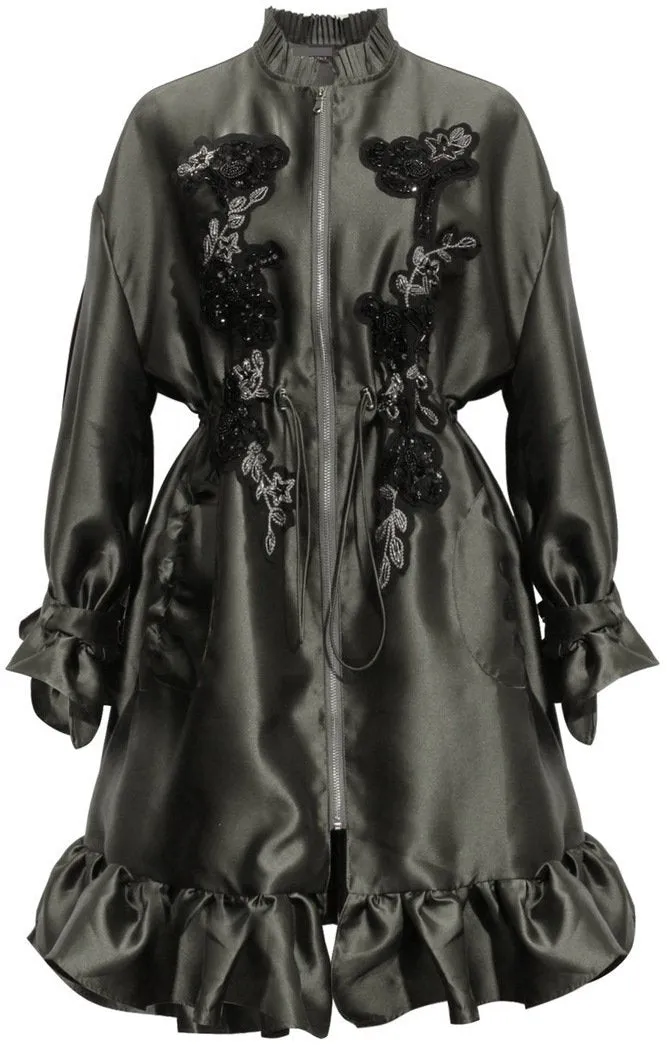 Bead-Embellished Embroidered Ruffled Satin Coat