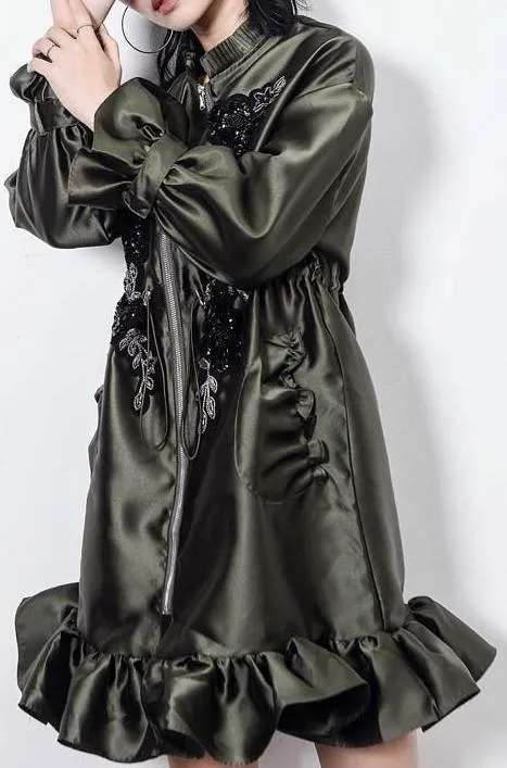 Bead-Embellished Embroidered Ruffled Satin Coat