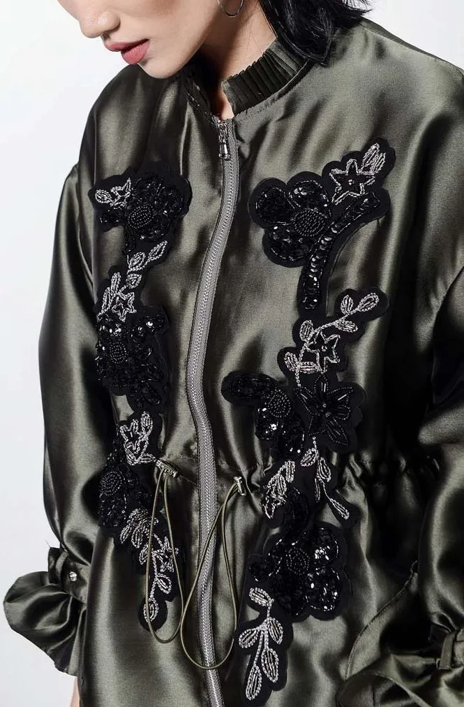 Bead-Embellished Embroidered Ruffled Satin Coat