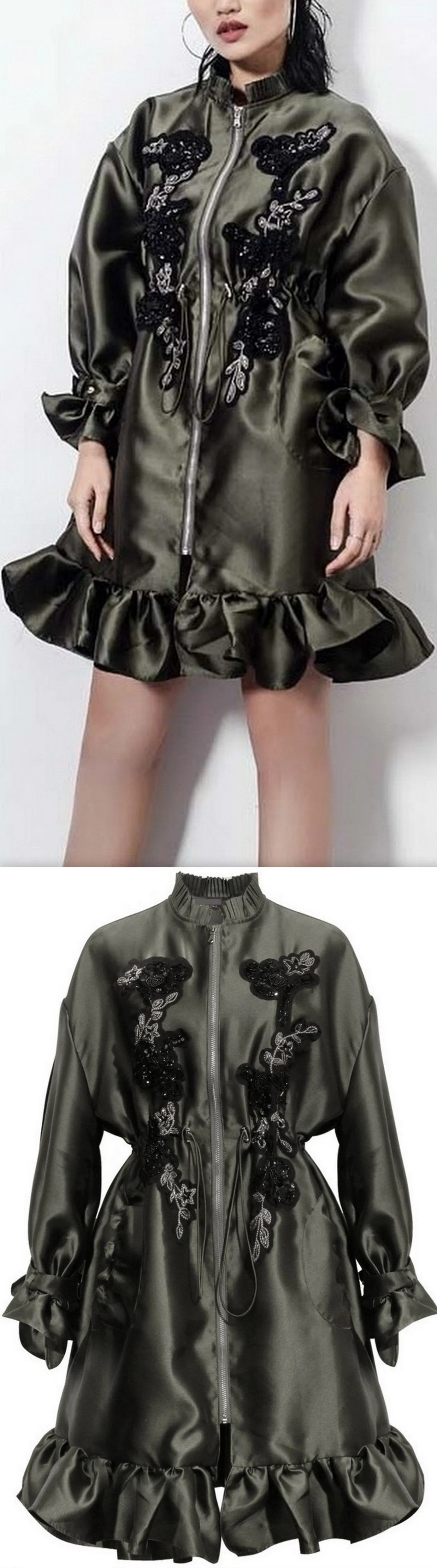 Bead-Embellished Embroidered Ruffled Satin Coat