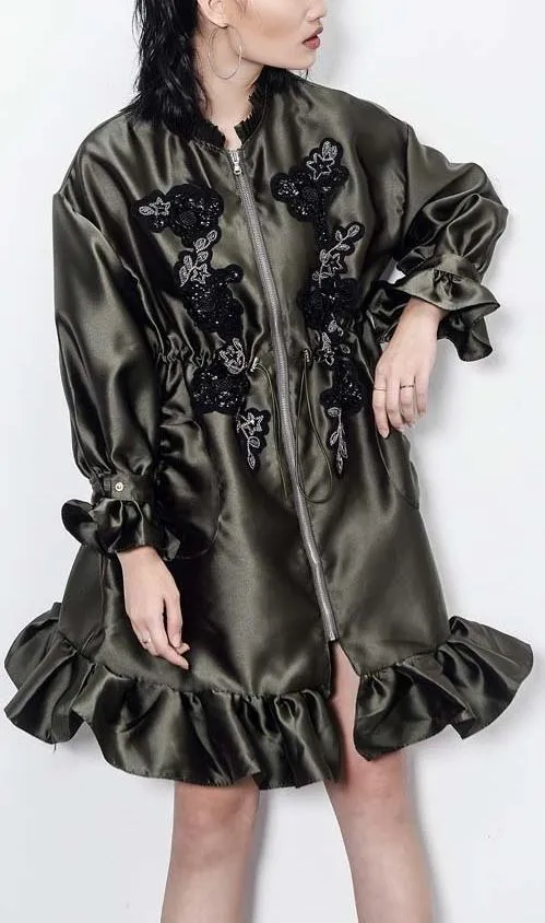 Bead-Embellished Embroidered Ruffled Satin Coat