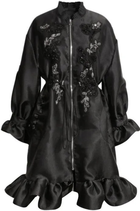 Bead-Embellished Embroidered Ruffled Satin Coat