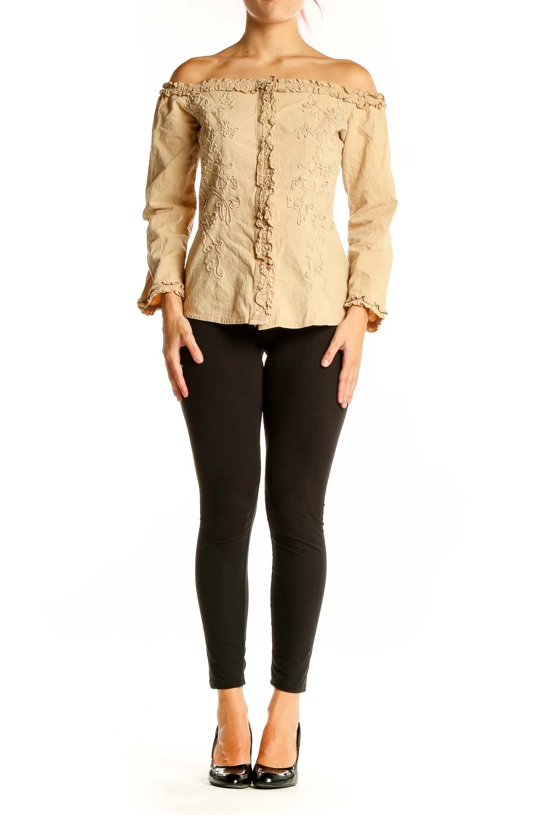 Beige Off-Shoulder Embroidered Cotton Jacket