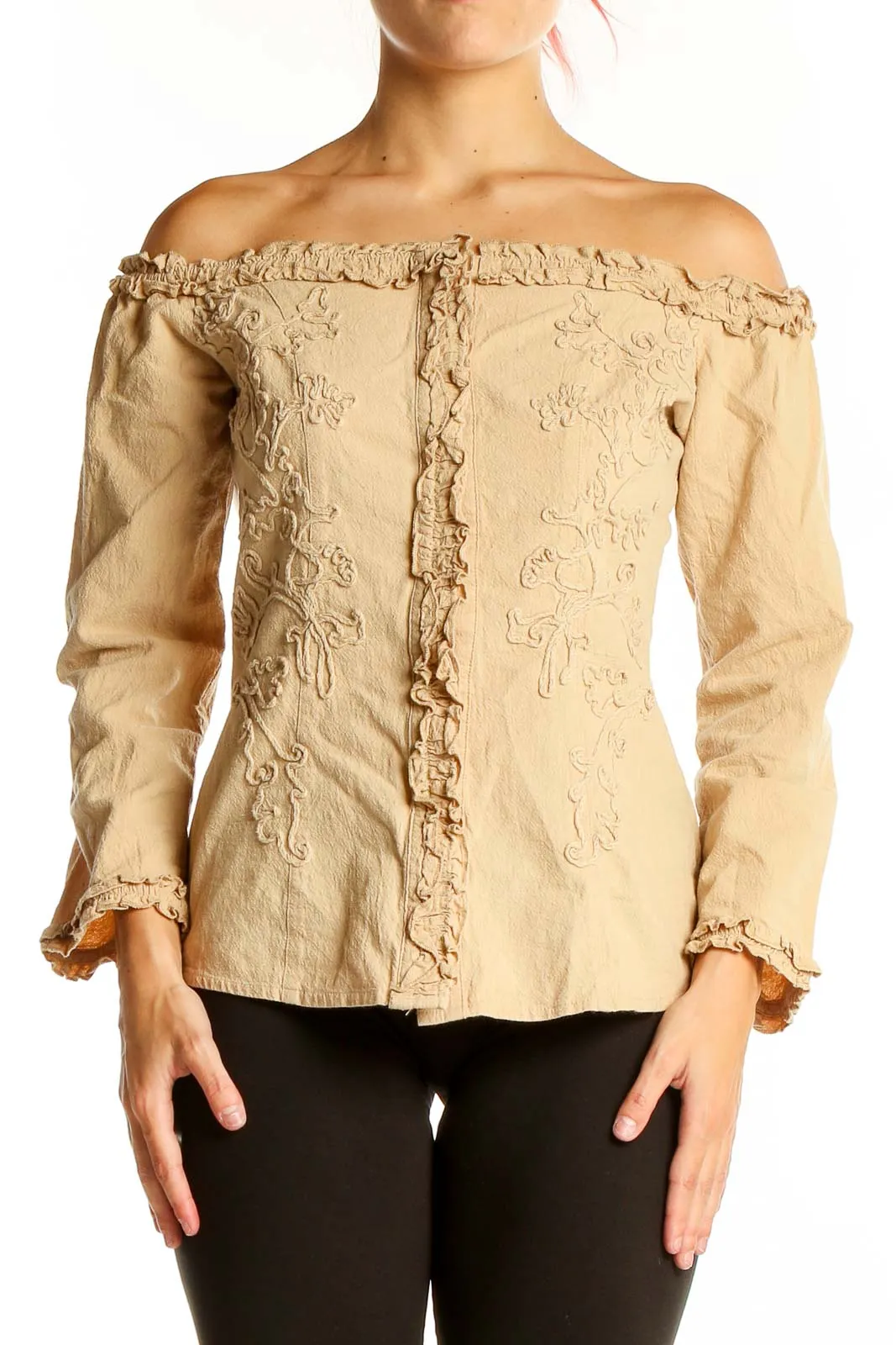 Beige Off-Shoulder Embroidered Cotton Jacket