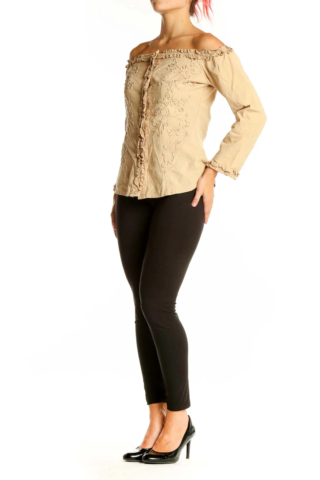 Beige Off-Shoulder Embroidered Cotton Jacket