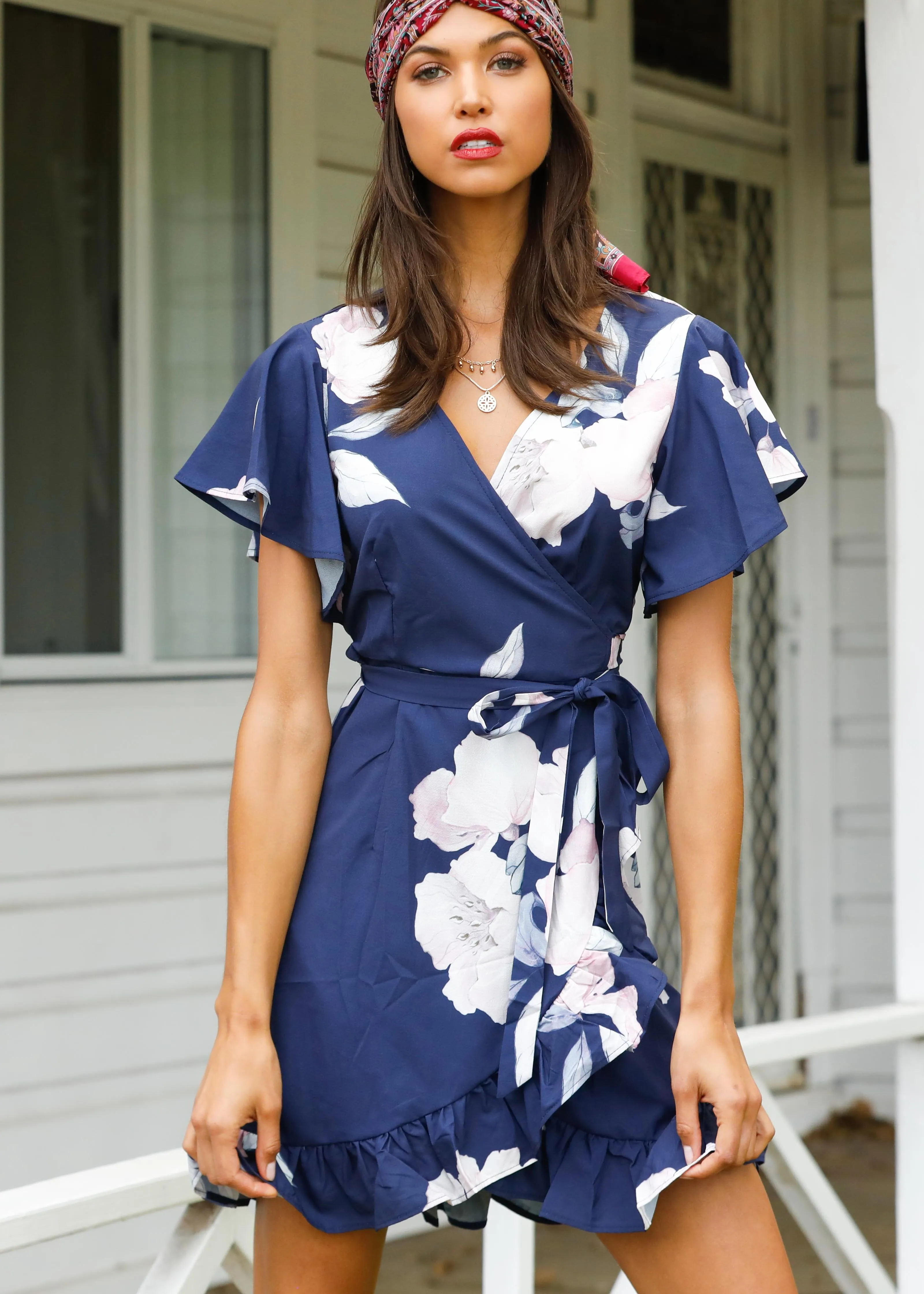 Beyond Belief Wrap Dress - Navy Floral