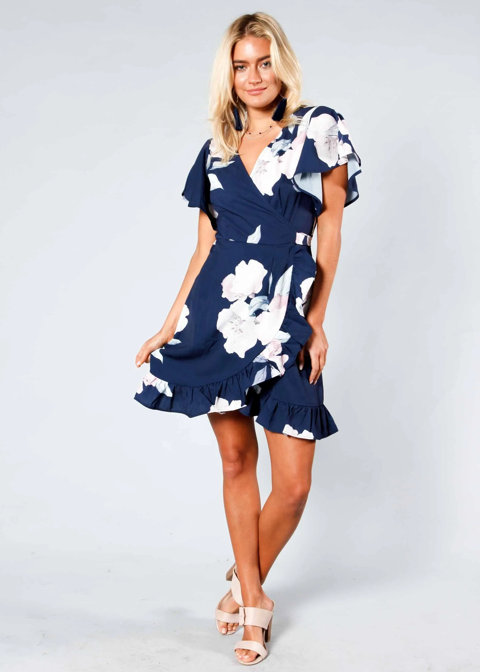 Beyond Belief Wrap Dress - Navy Floral