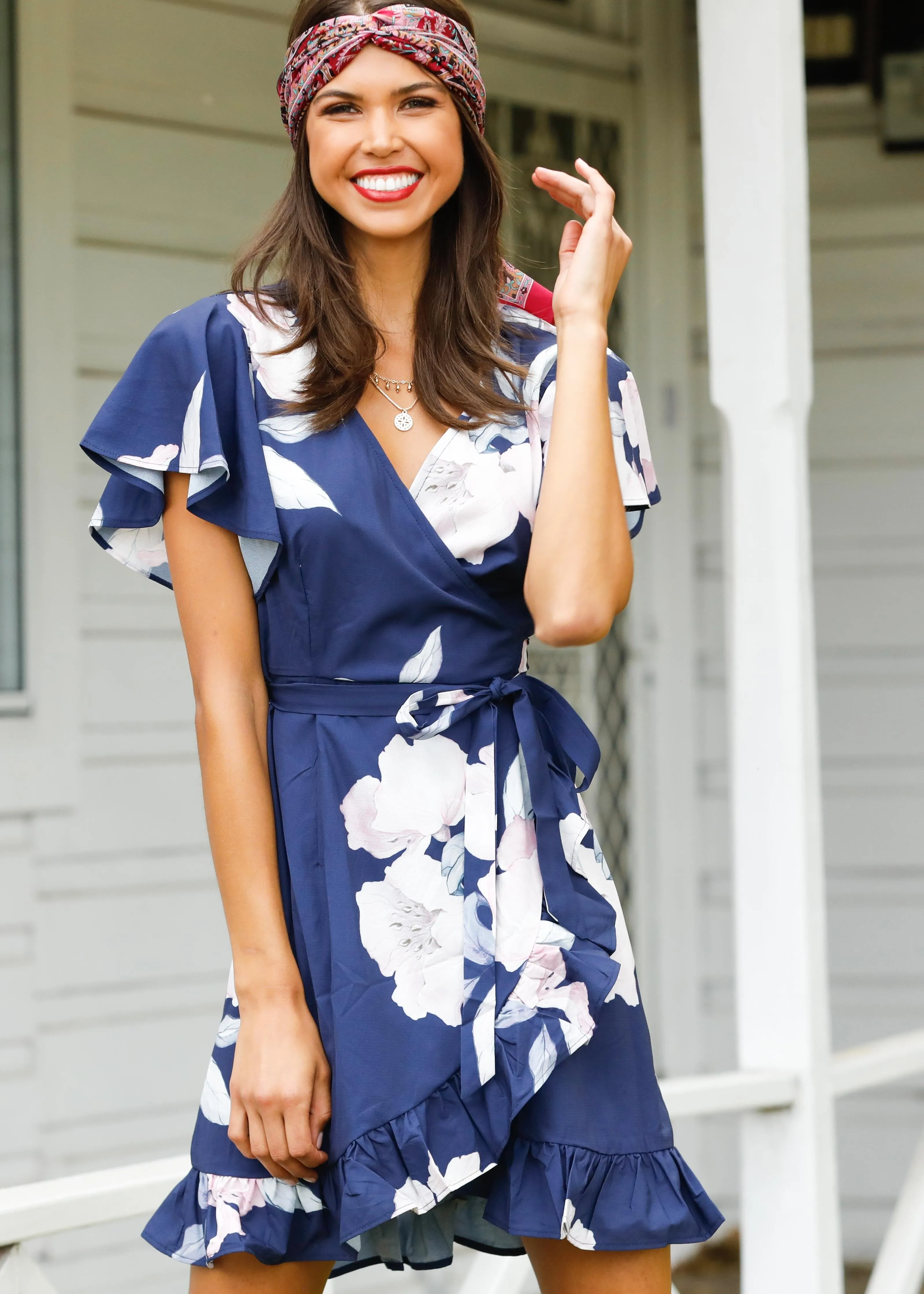 Beyond Belief Wrap Dress - Navy Floral