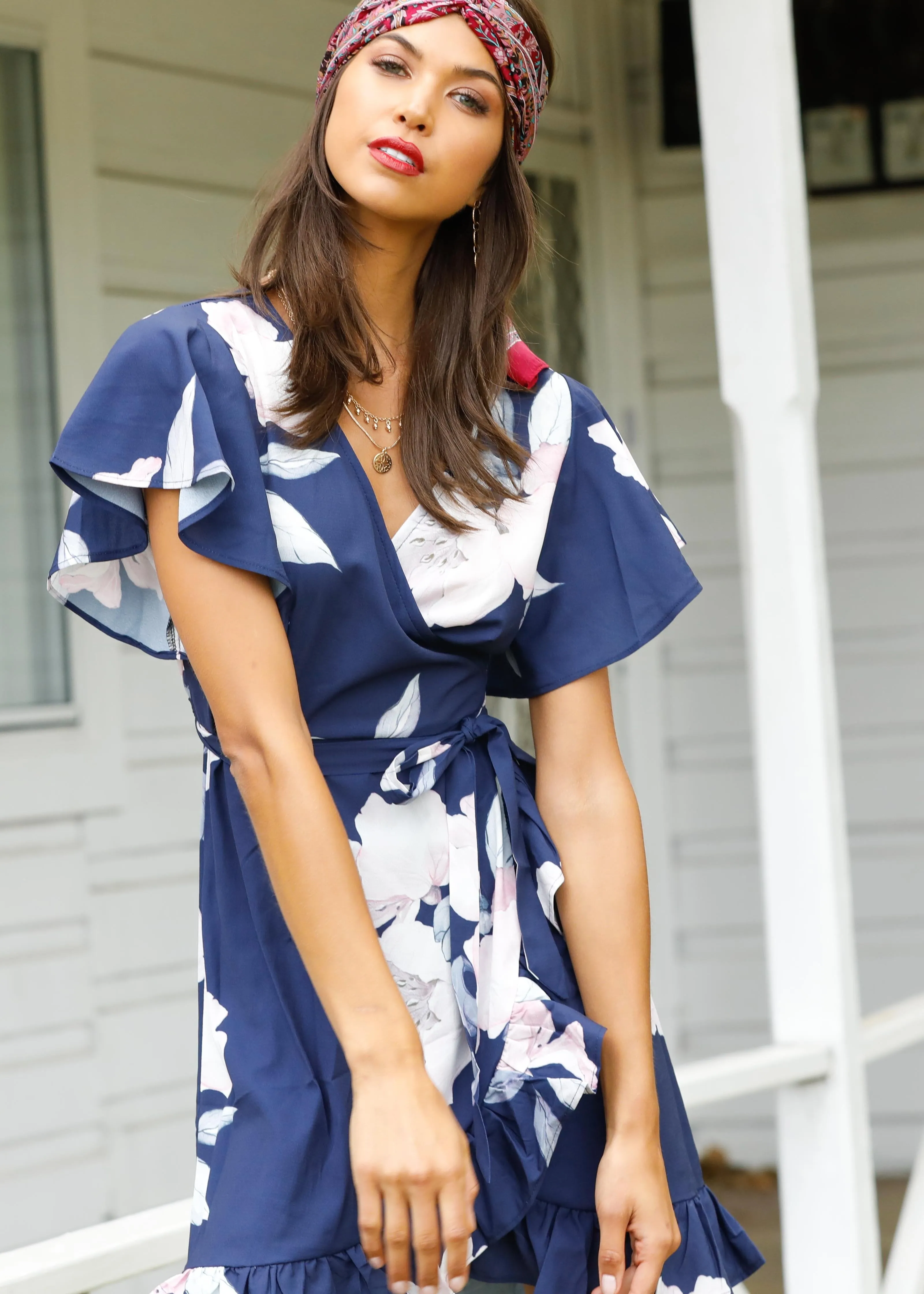 Beyond Belief Wrap Dress - Navy Floral