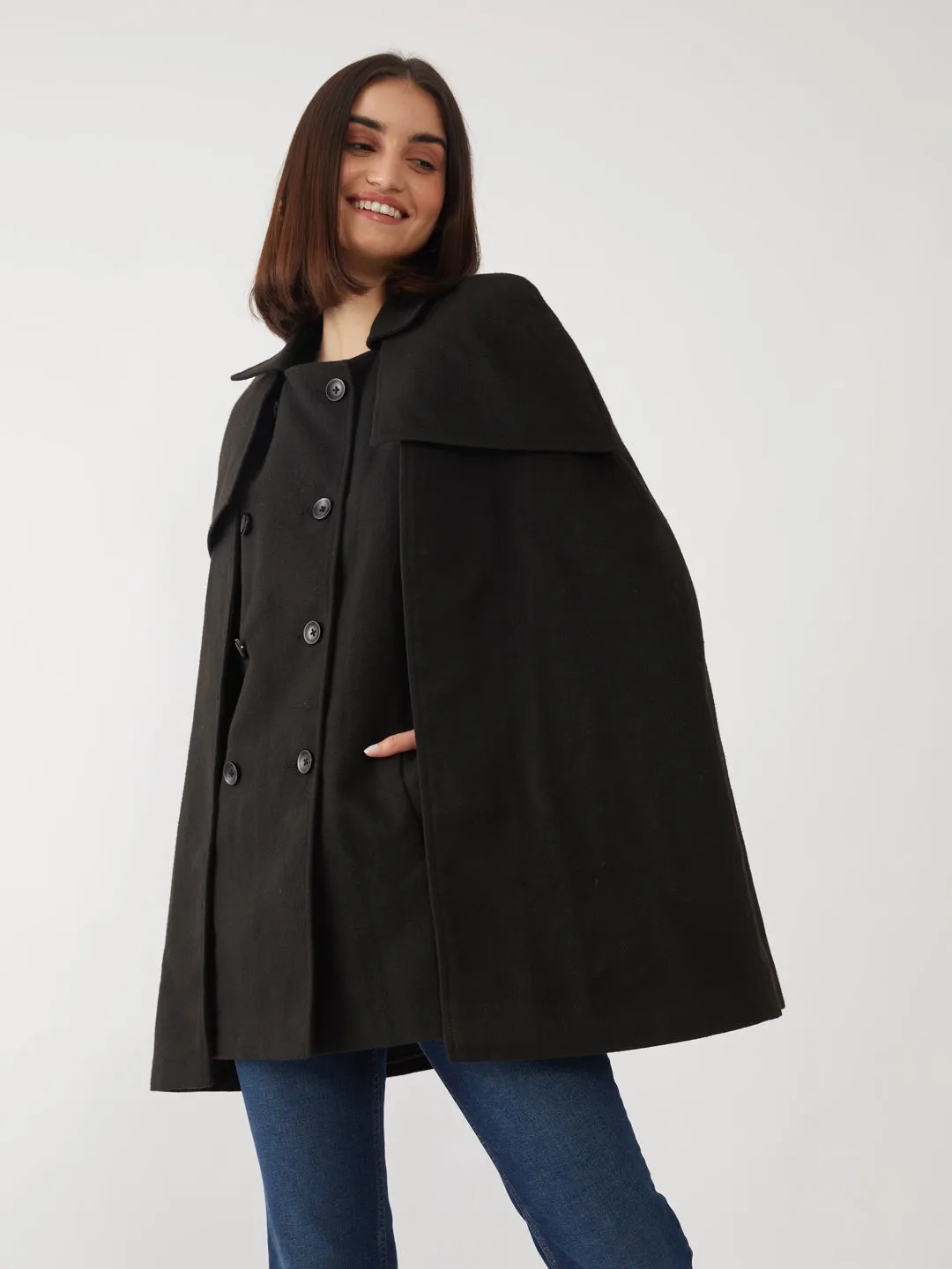 Black Solid Cape Coat