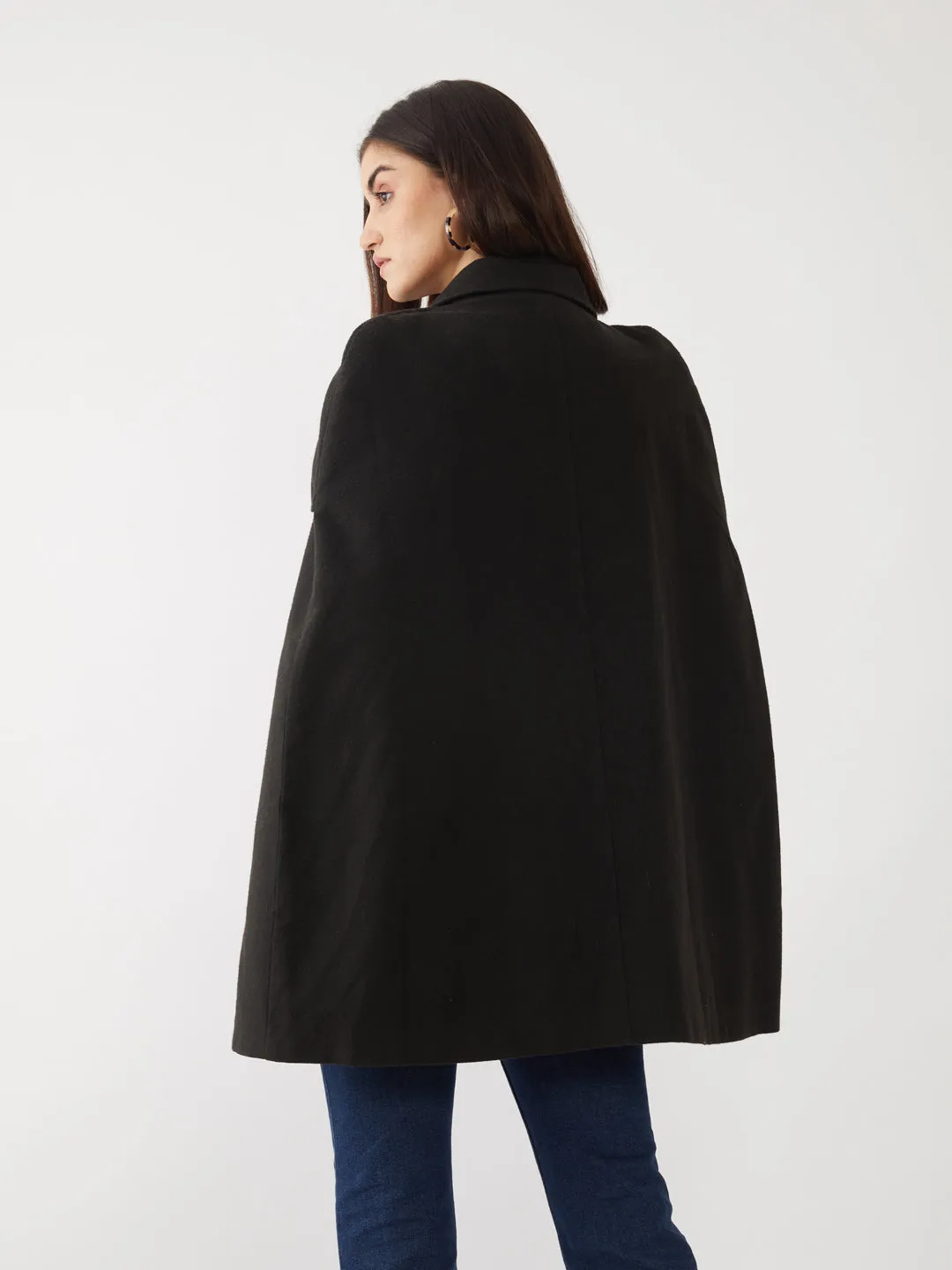 Black Solid Cape Coat