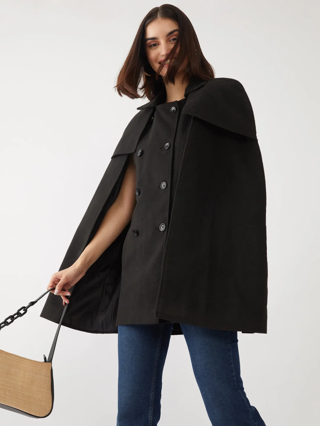 Black Solid Cape Coat