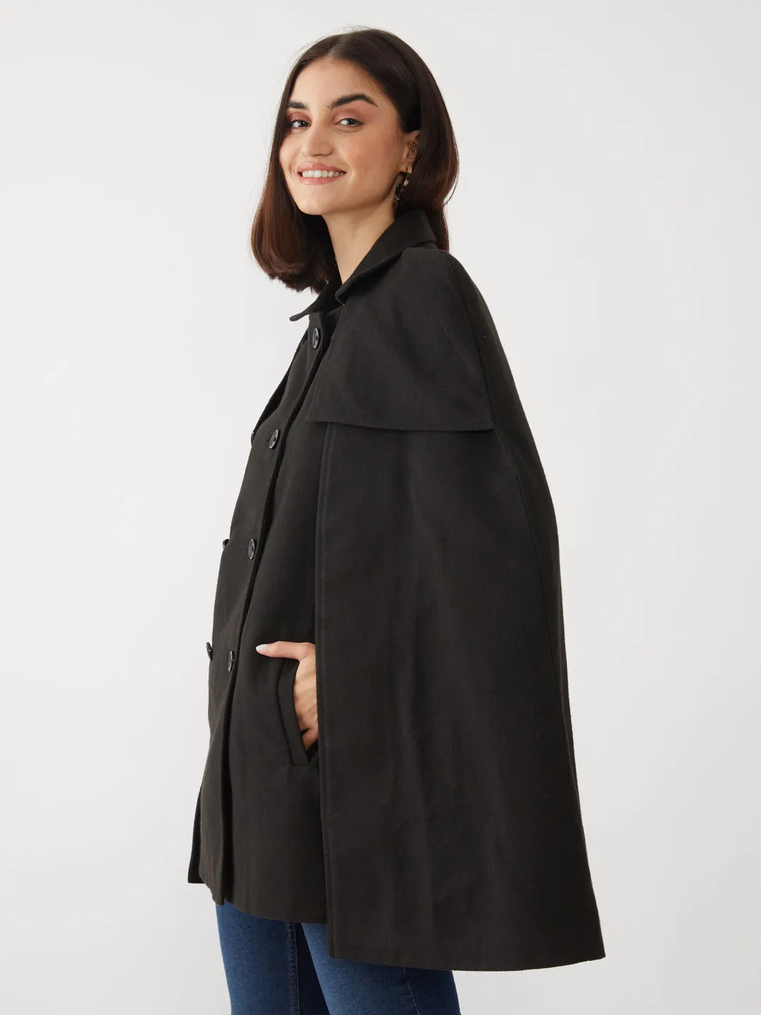 Black Solid Cape Coat