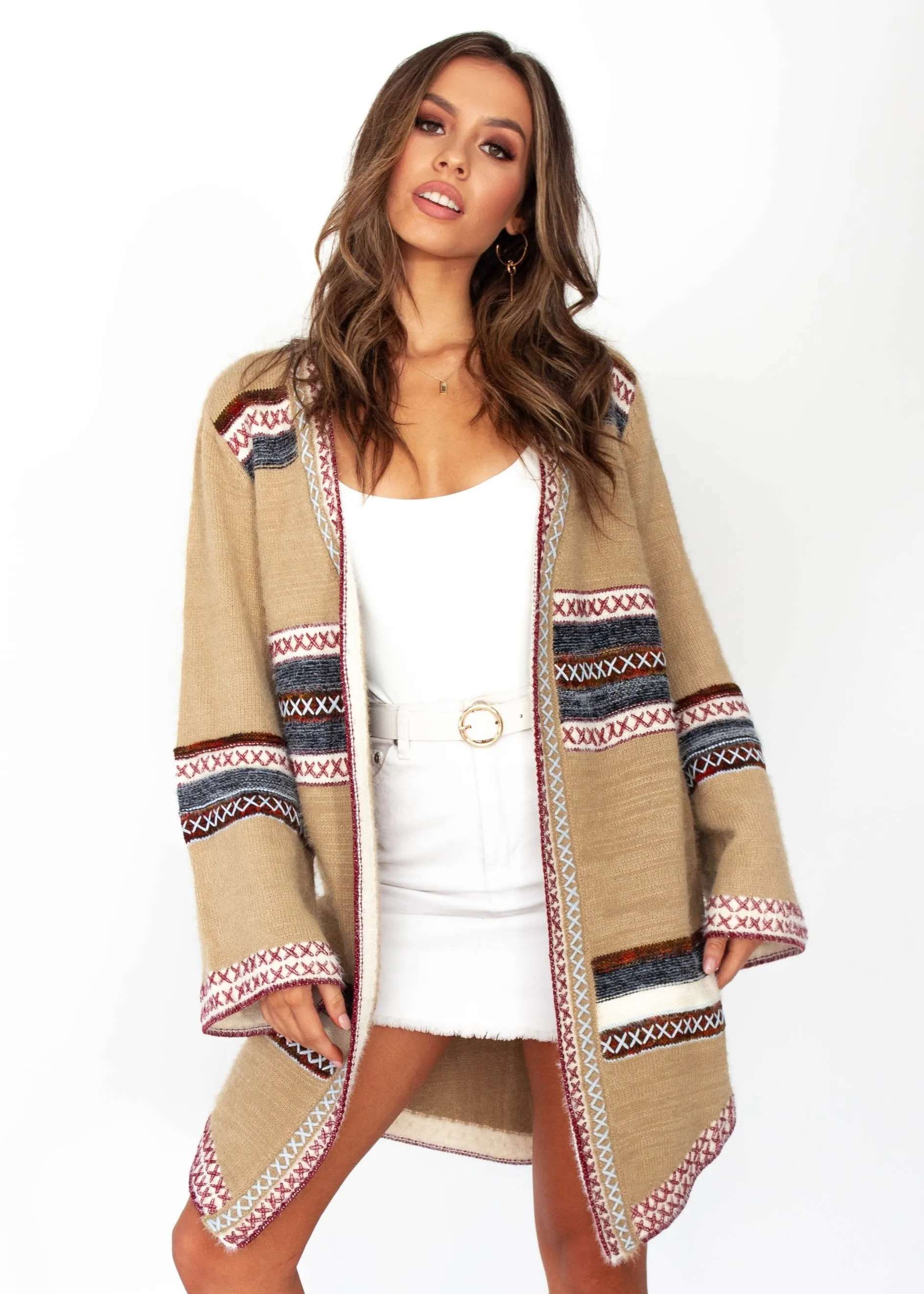 Brenna Cross Stitch Cardigan - Tan