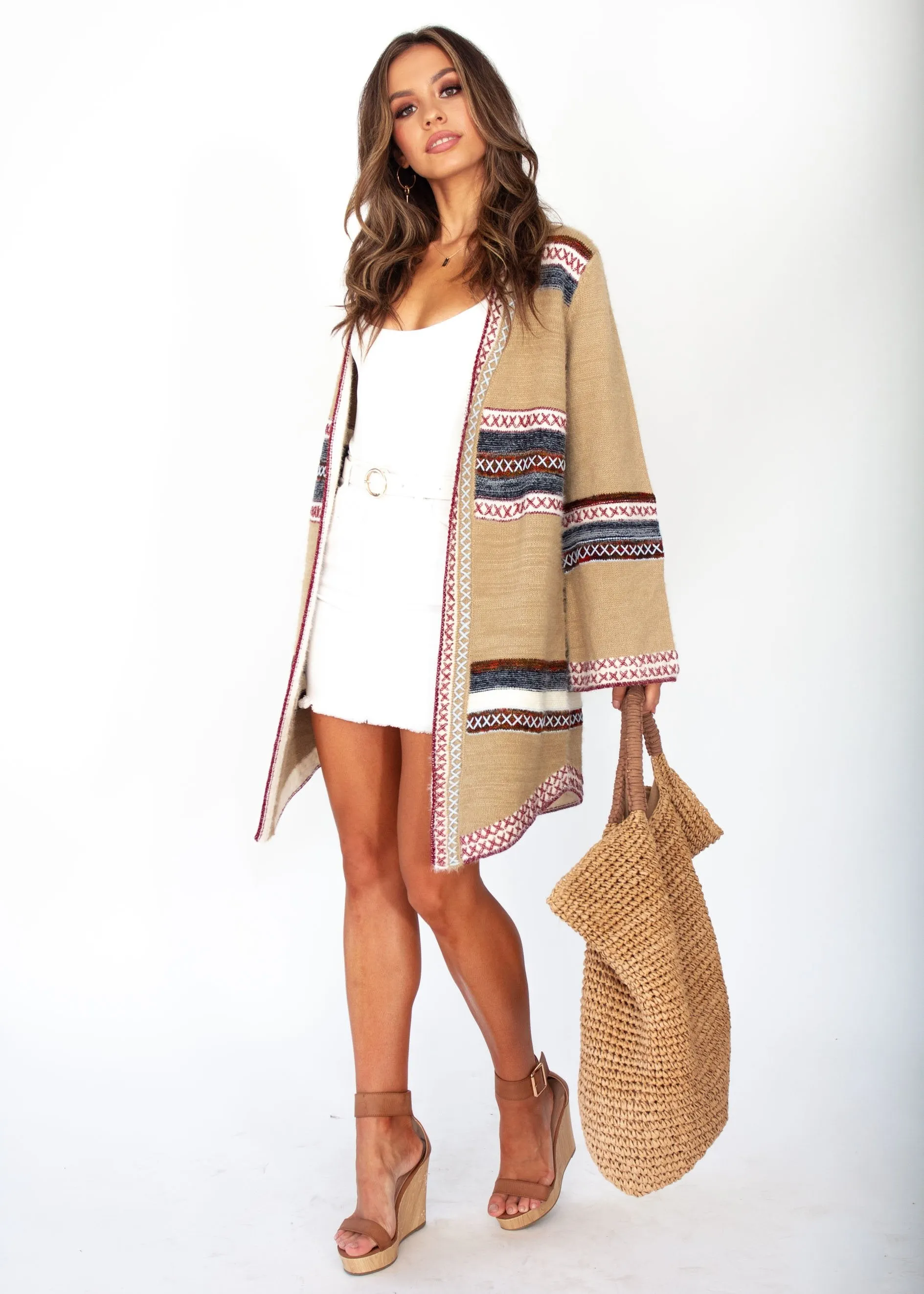 Brenna Cross Stitch Cardigan - Tan