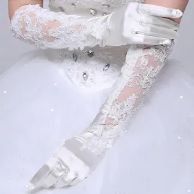 Bridal Gloves, White Satin Long Full Finger Bridal Gloves, Lace Wedding Gloves, Wedding Accessory, TYP0555