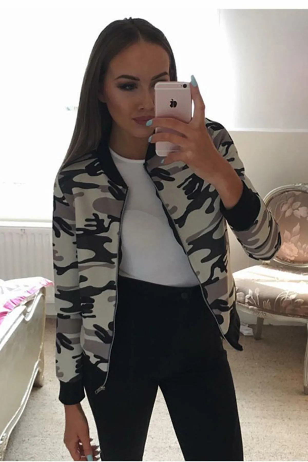 Camouflage Print High Neck Zipper Scoop Short Coat Outwear