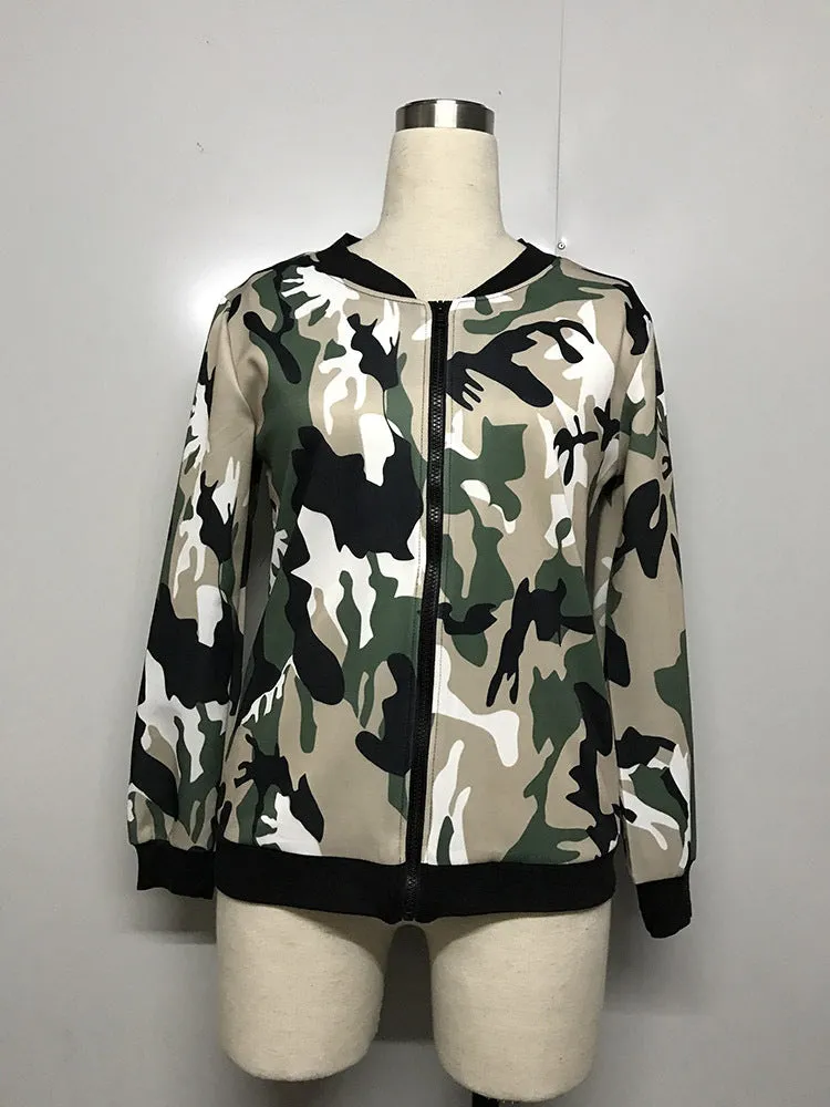 Camouflage Print High Neck Zipper Scoop Short Coat Outwear