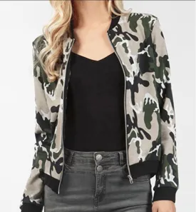 Camouflage Print High Neck Zipper Scoop Short Coat Outwear