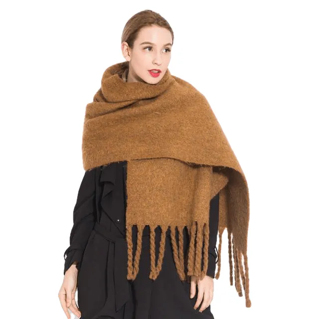 Chic Autumn/Winter Women's Tassel Shawl With Solid/Plaid Print