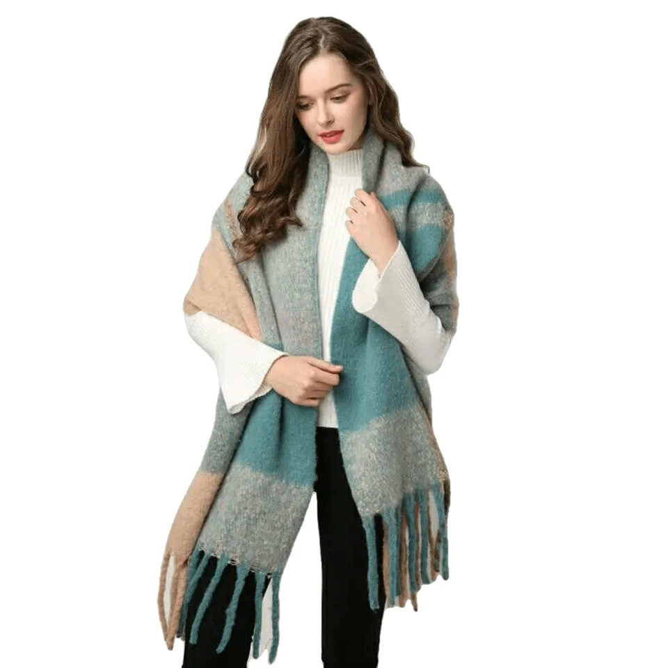 Chic Autumn/Winter Women's Tassel Shawl With Solid/Plaid Print