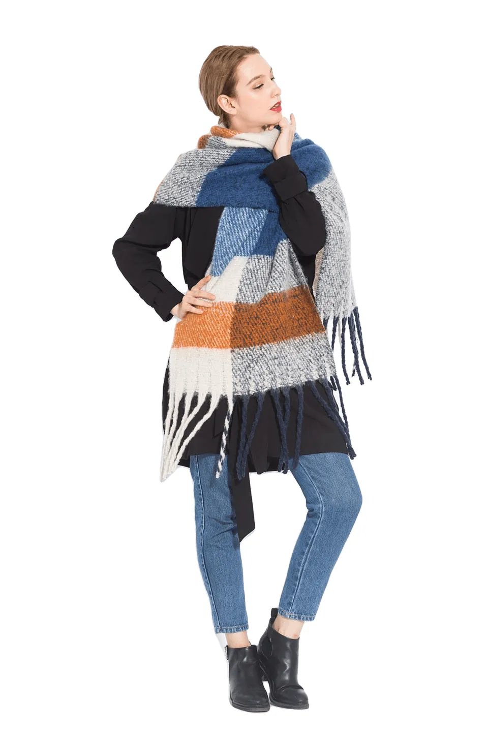 Chic Autumn/Winter Women's Tassel Shawl With Solid/Plaid Print