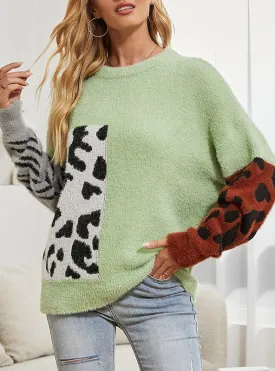 Contrast Color Imitation Mink Leopard Print Sweater