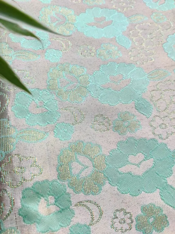 Cream & Pastel Green Floral Self Weaved Brocade Fabric