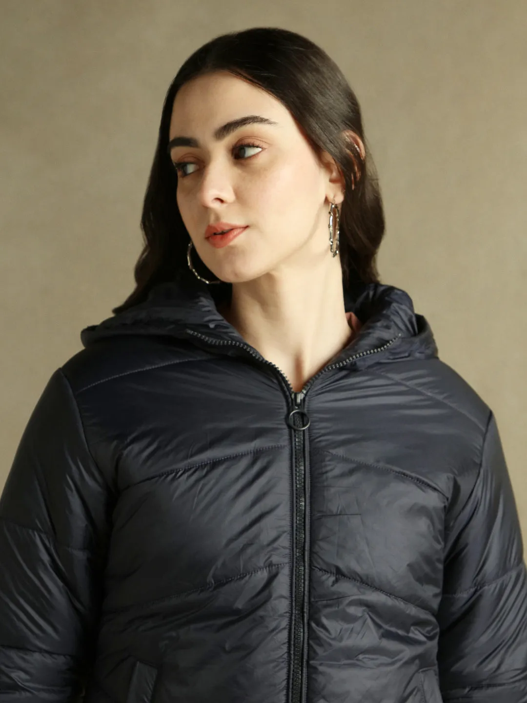 DL Woman Navy Blue Hooded Full Sleeves Puffer Jacket