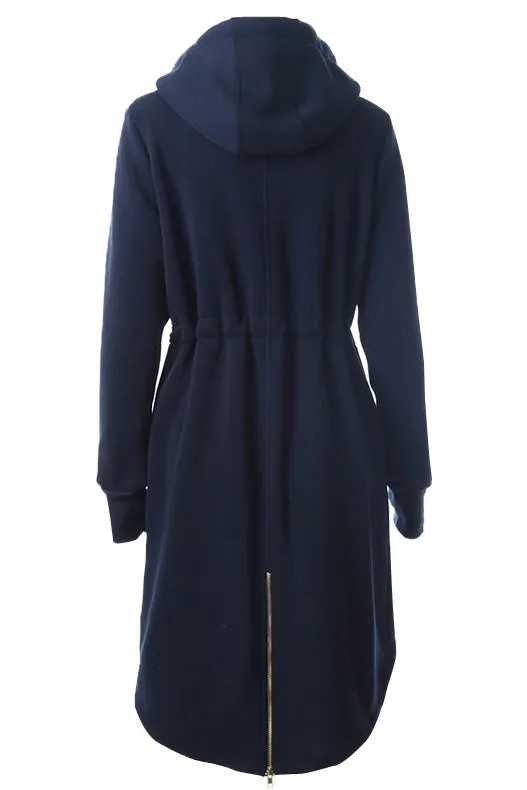 Drawstring Pockets Slim Zipper Long Hooded Oversize Coat