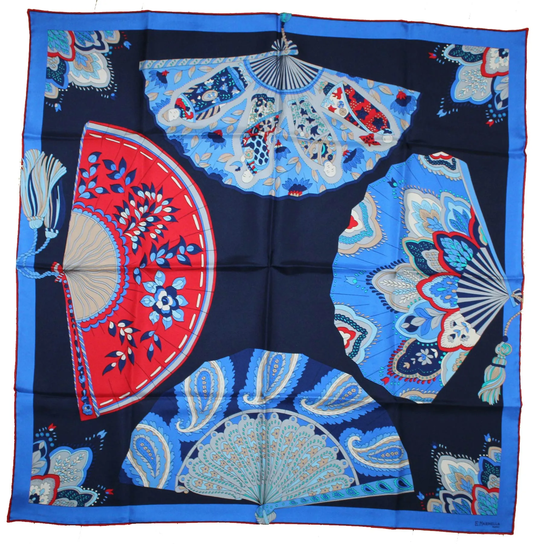 E. Marinella Scarf Folding Fans Design - Twill Silk Square Foulard