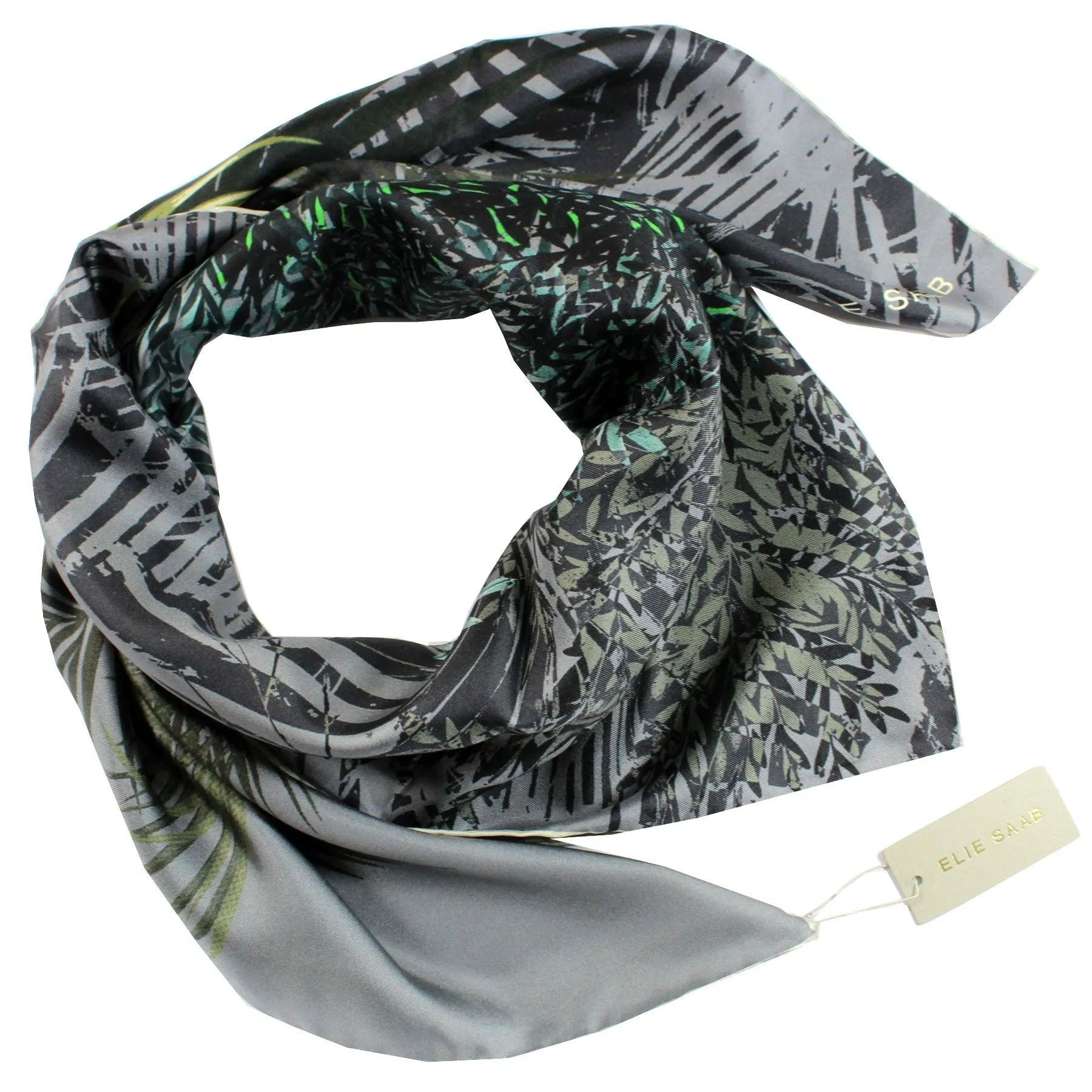 Elie Saab Silk Scarf Gray Green Forest - Large 36 Inch Square Foulard FINAL SALE