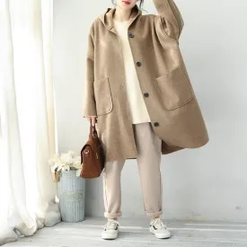 Fashion 2018 Khaki Simple Hoodie Medium Length Woolen Coat For Women