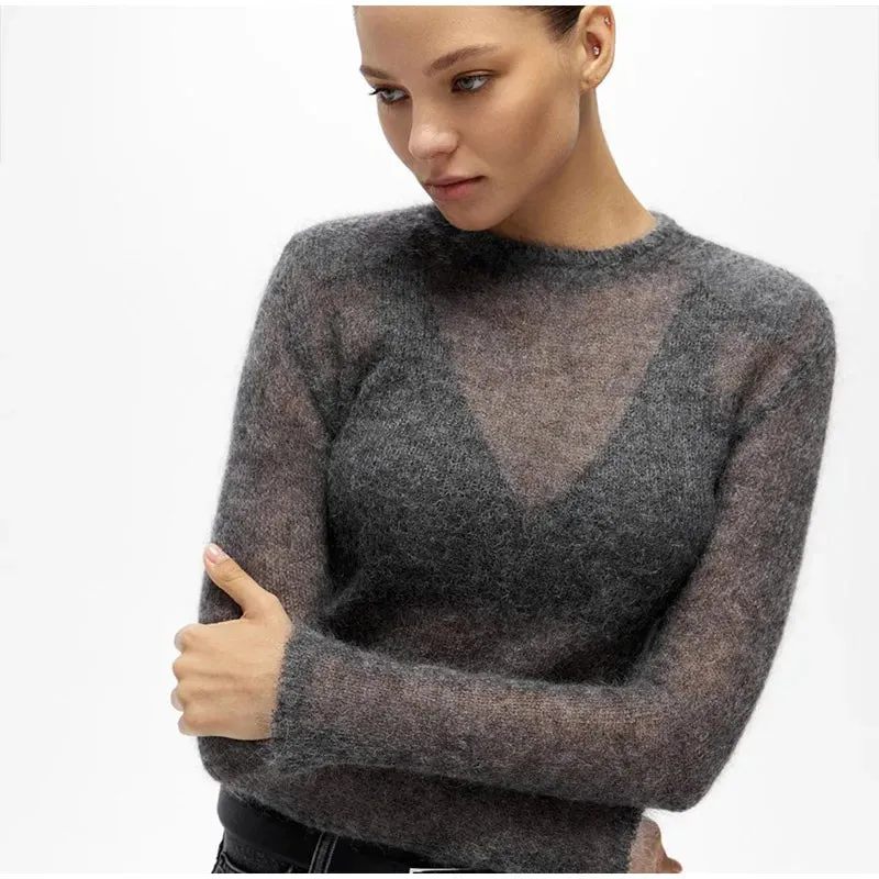 Fluffy See-through Knitwear Heather Grey Sweater