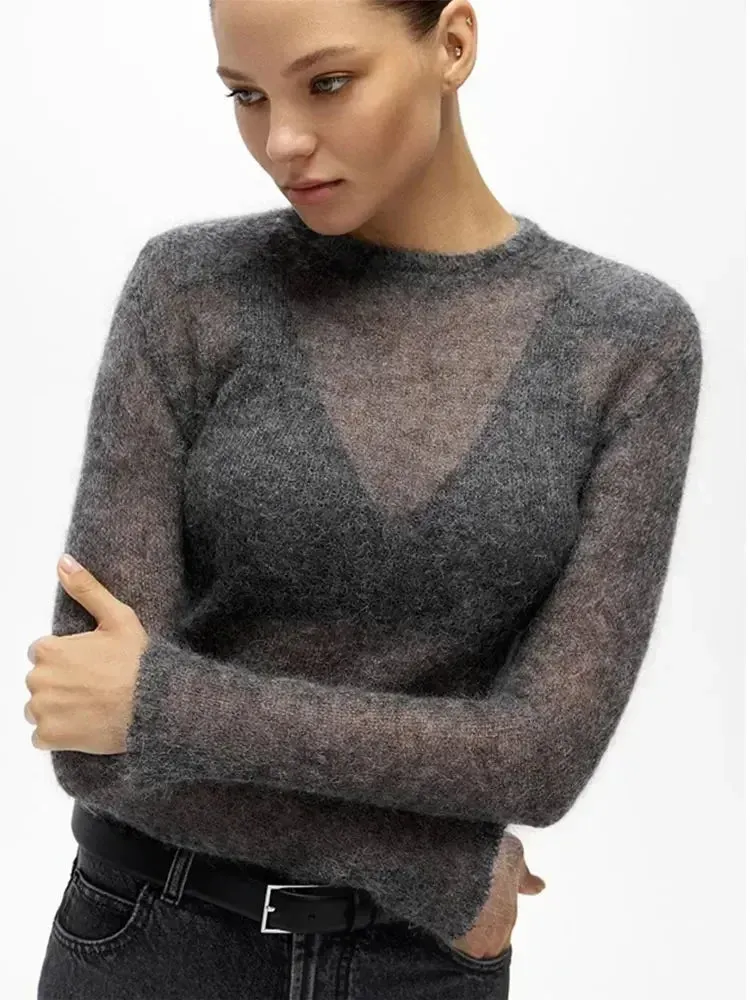 Fluffy See-through Knitwear Heather Grey Sweater