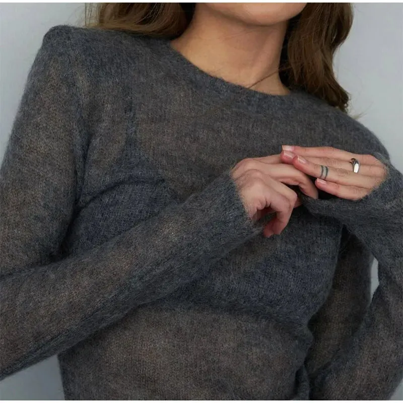 Fluffy See-through Knitwear Heather Grey Sweater