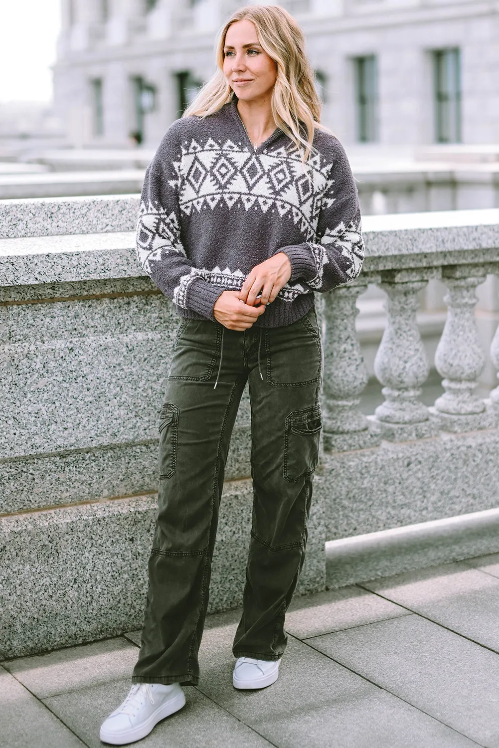 Geometric Quarter Zip Pullover Sweater