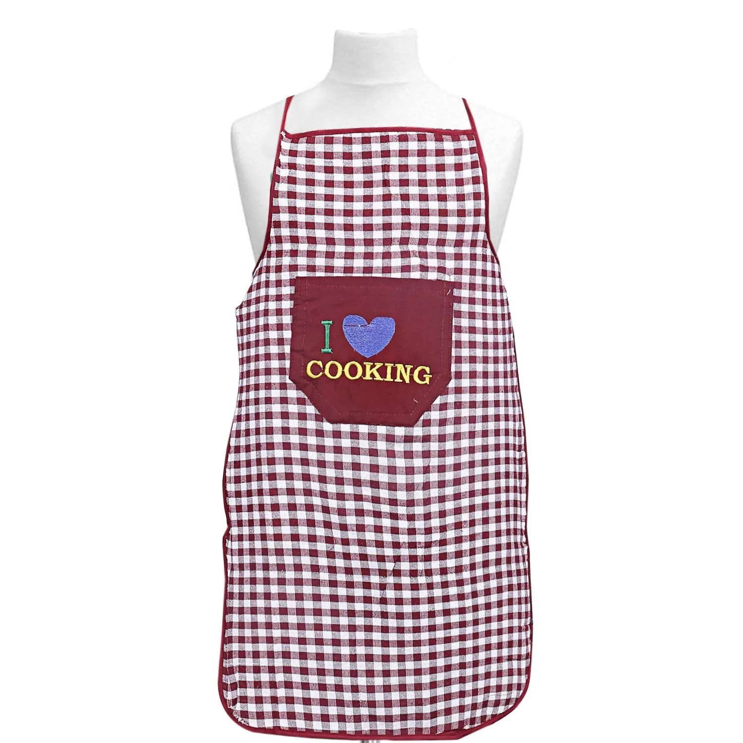 Heart Home Checkered Design Cotton waterproof Apron with Front Pocket (Maroon) CTHH1740