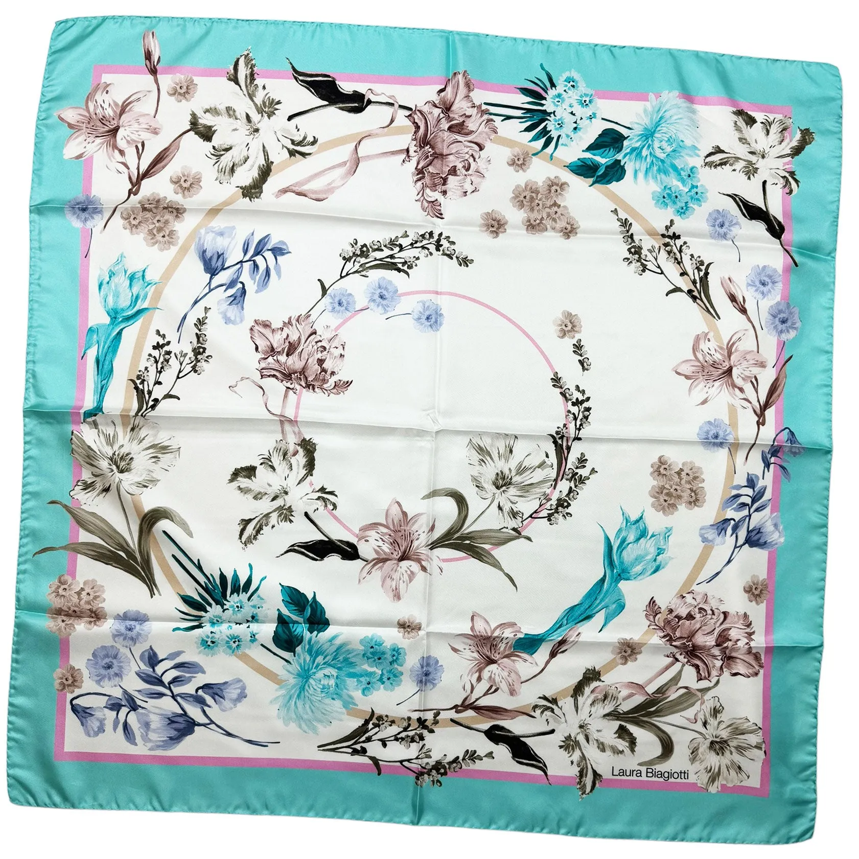 Laura Biagiotti Scarf Floral Powder Blue Pink - Square Silk Foulard SALE