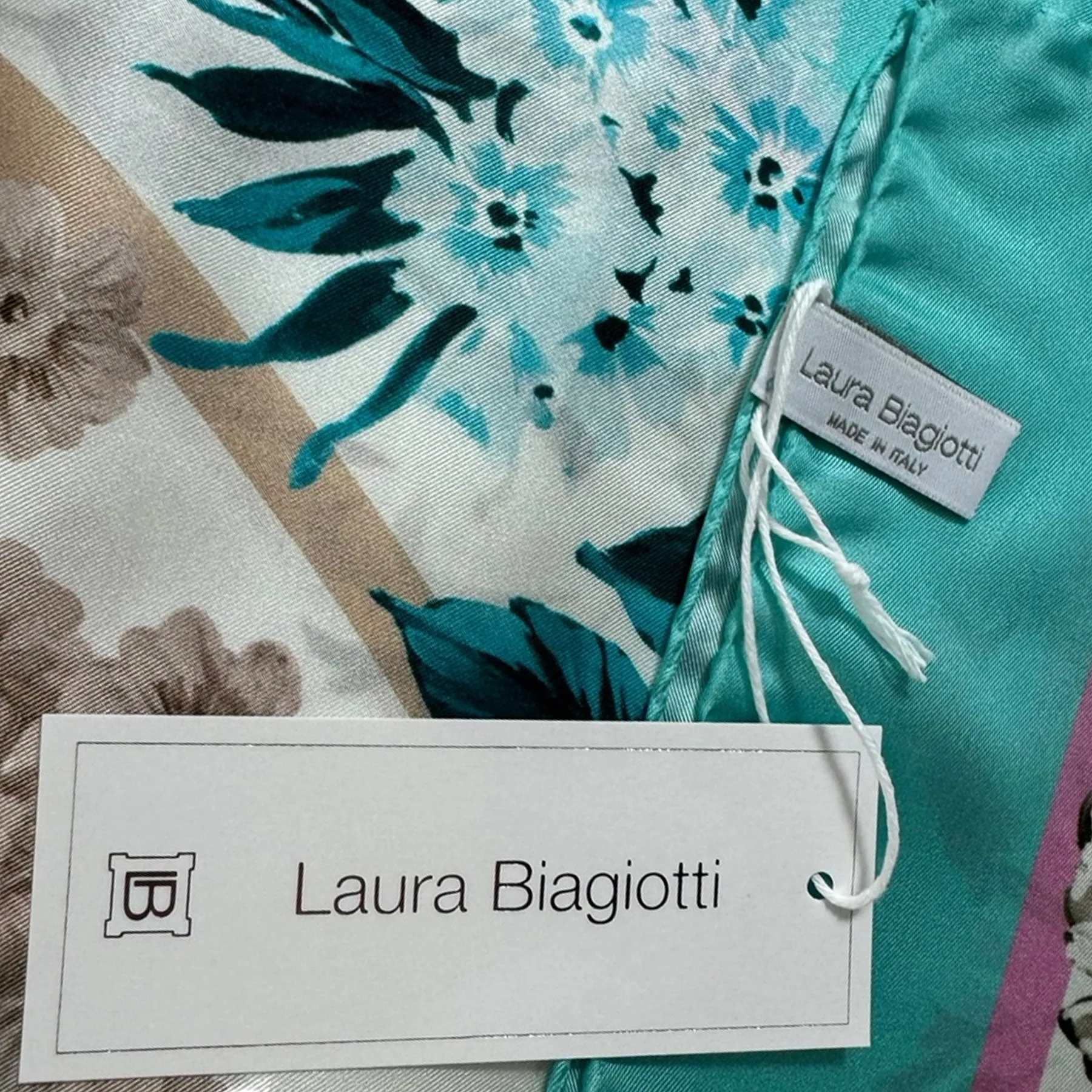 Laura Biagiotti Scarf Floral Powder Blue Pink - Square Silk Foulard SALE