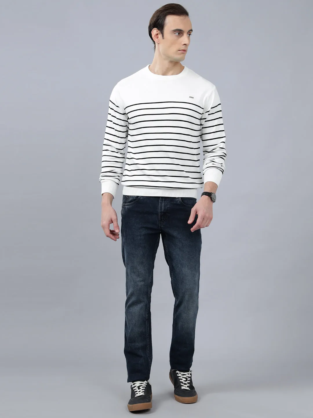 Men's Ivory Striped Full Sleeve Sweater